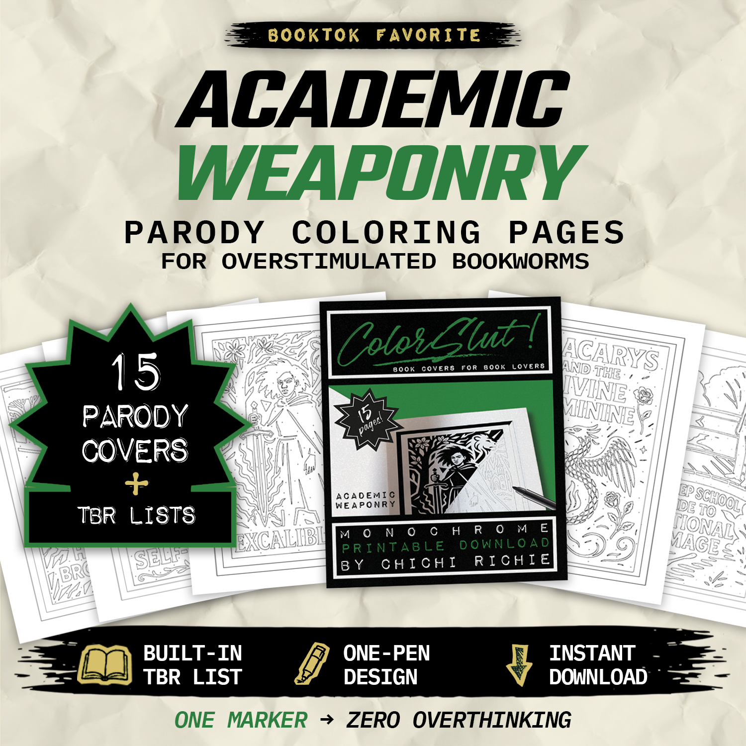 Academic Weaponry — printable dark academia coloring book PDF