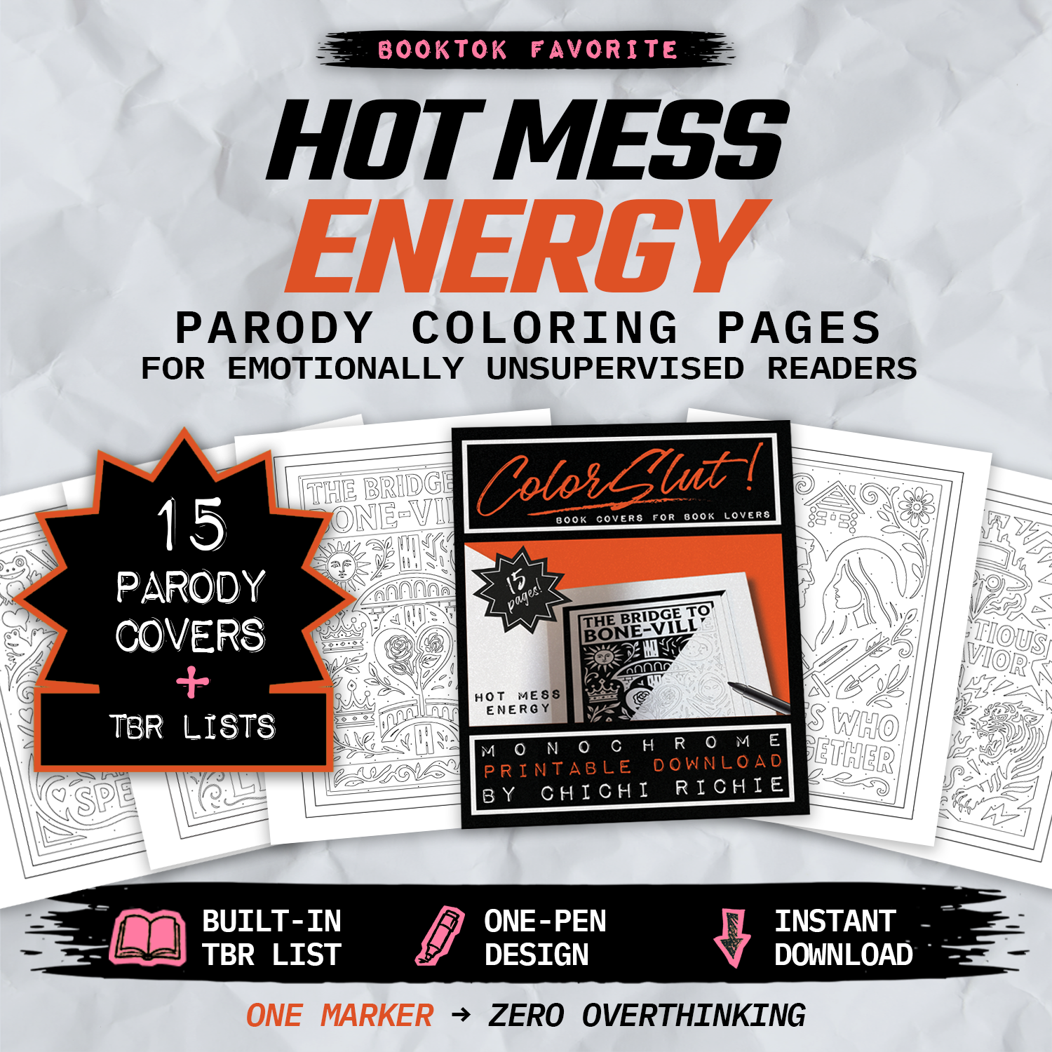 Hot Mess Energy — printable coloring book PDF for chaotic adults