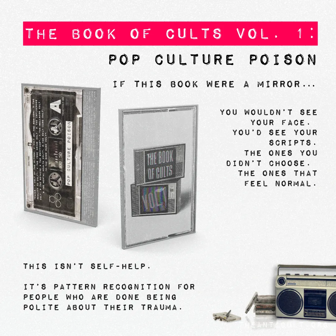 The Book of Cults Vol. 1 Pop Culture Poison promotional graphic, nonfiction book on pop culture scripts and indoctrination