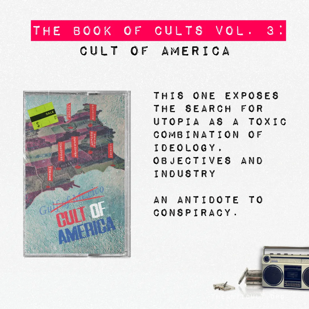 Front cover of The Book of Cults Volume 3 – Cult of America with back text visible, outlining themes of freedom, nationalism, and American identity deconstruction
