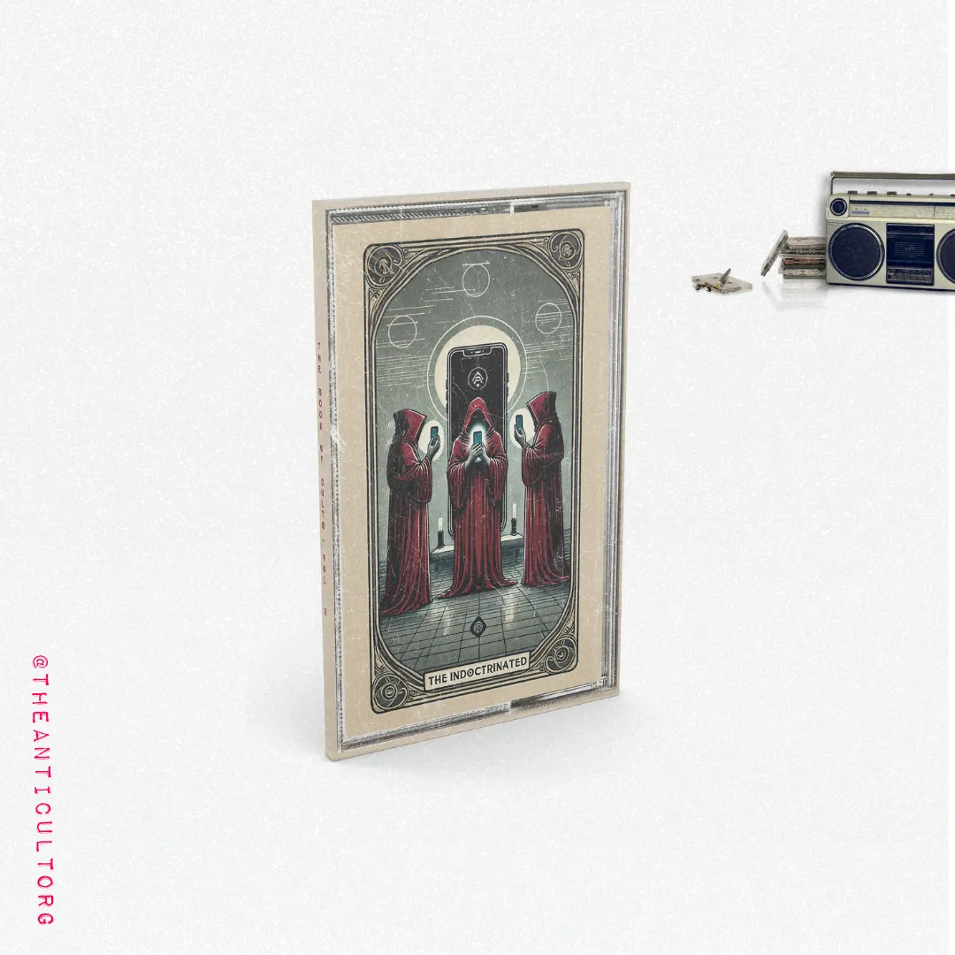 Angled front cover of The Book of Cults Volume 2 – Everyday Indoctrination, satirical nonfiction for skeptics and indie bookstores