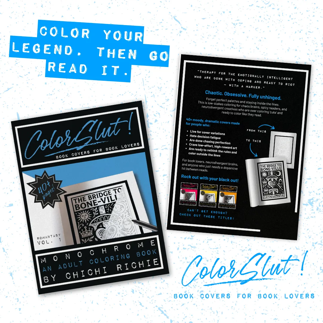 Cover of ColorSlut Romantasy Vol. 1, an adult coloring book with parody fantasy romance covers and a curated TBR list